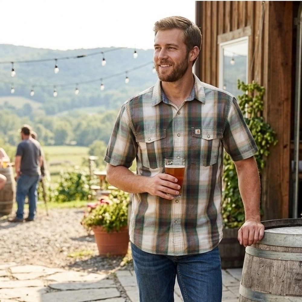 Carhartt Mens L Short Sleeve Button Down Plaid Green Brown Relaxed Fit Shirt